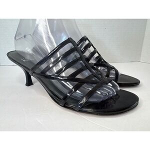 Stuart Weitzman Black Patent Leather Cage Strappy Kitten Heel Sandals Mules 8M
